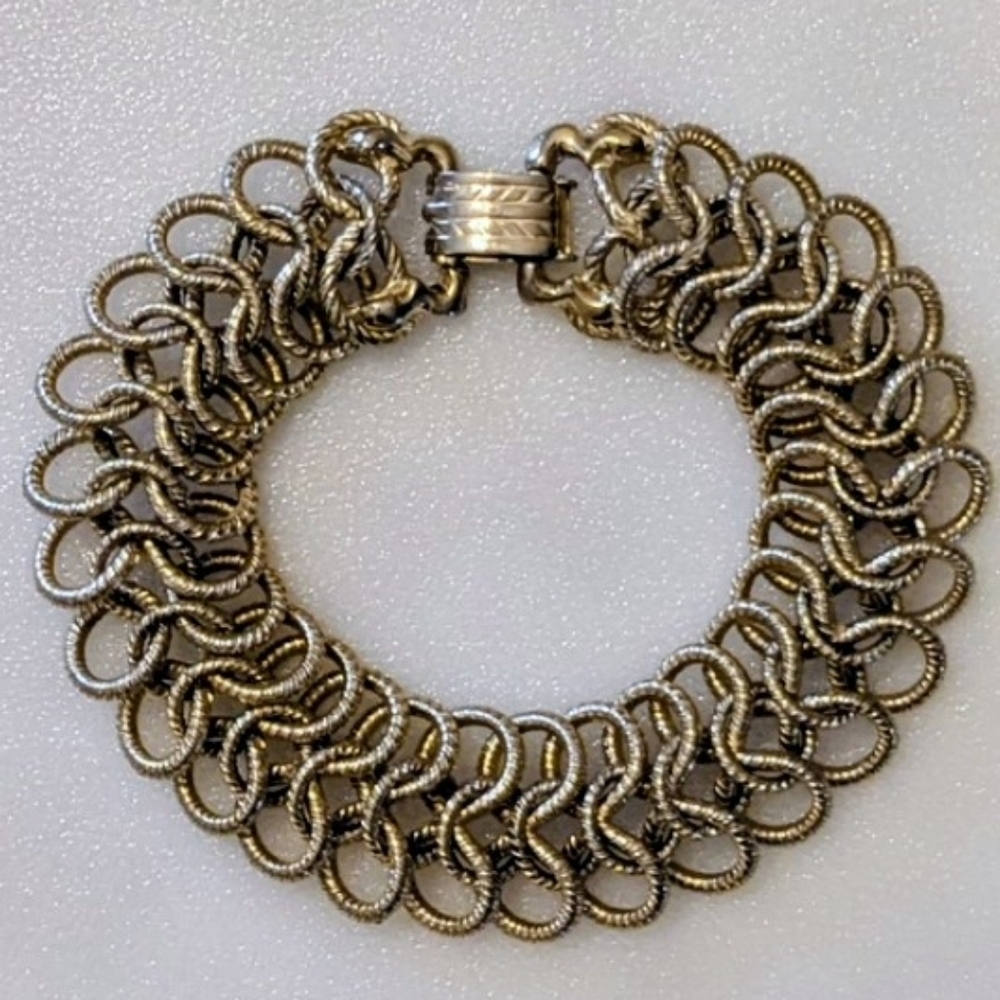 Vintage Goldette Goldtone Chain Bracelet, Woven Linked Braided Loops